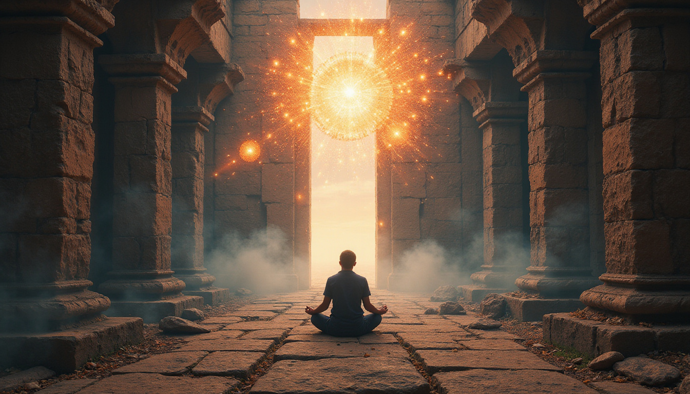  Ancient temple ruins with mystic light, person in peaceful prayer, ethereal spiritual symbols floating