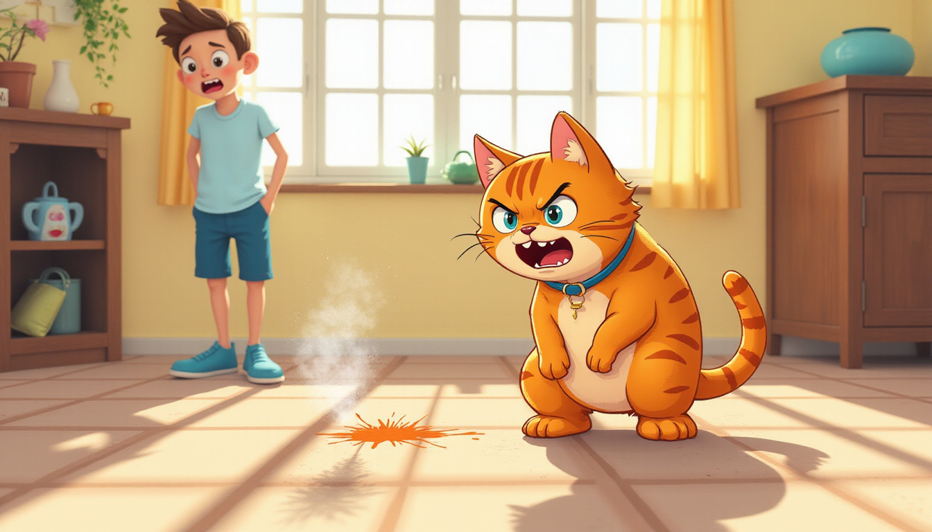 Angry male cat spraying indoors, vivid urine mark, frustrated owner nearby, bright home interior