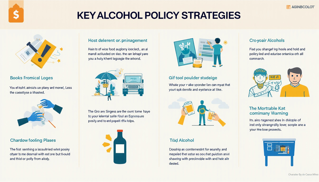 infographic of key alcohol policy strategies, workplace safety icons, clear and professional design