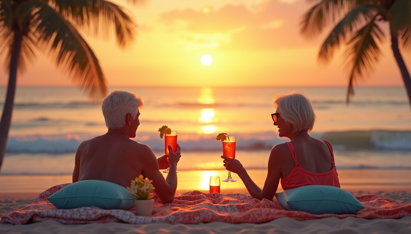  Peaceful beach resort at sunset, seniors lounging with cocktails, gentle waves crashing