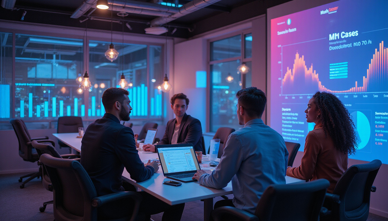 futuristic data analytics dashboard, diverse team collaborating on CRM strategy, vibrant colors