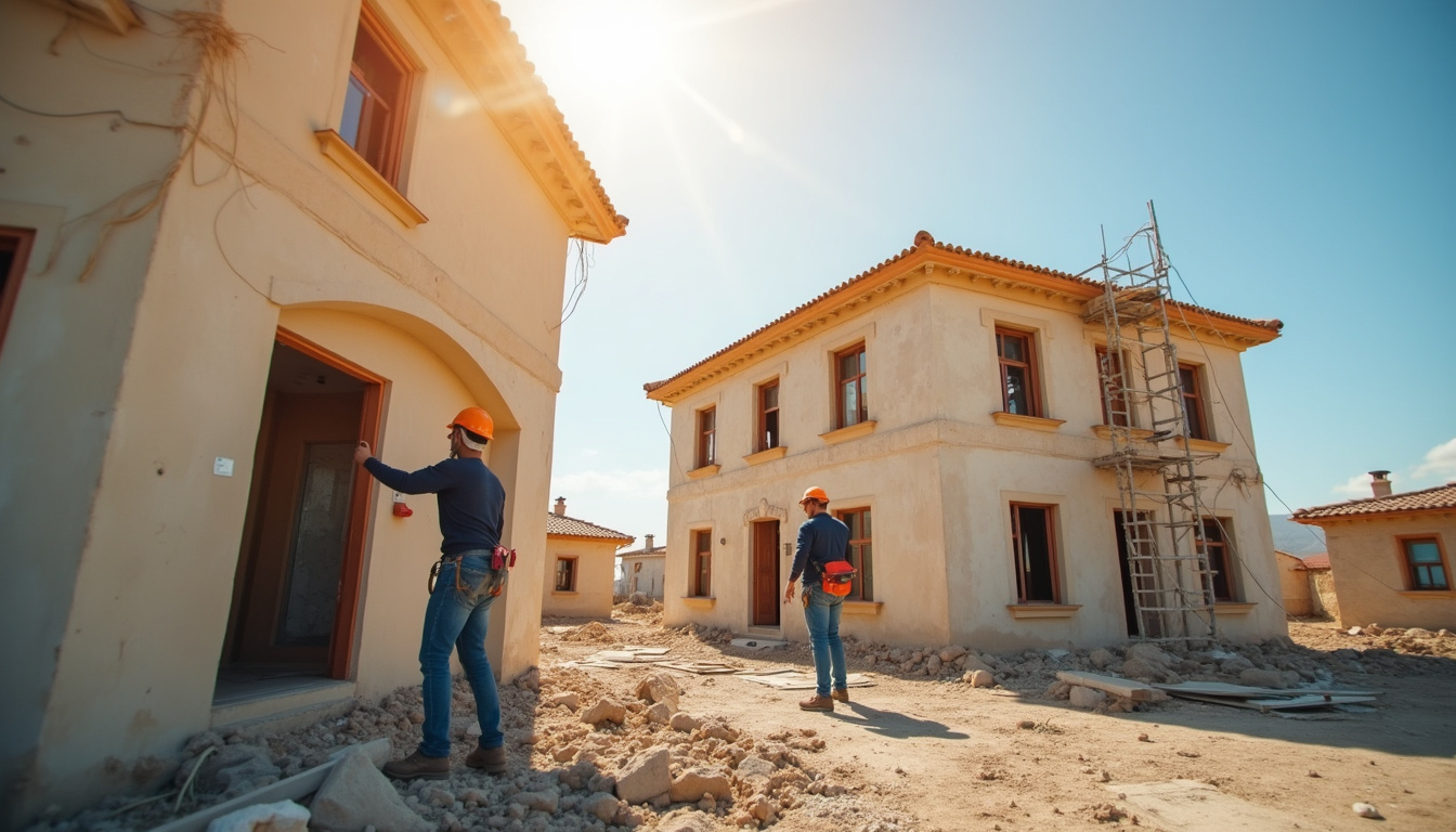  Construction workers renovating old properties, upscale real estate transformation, sunny day