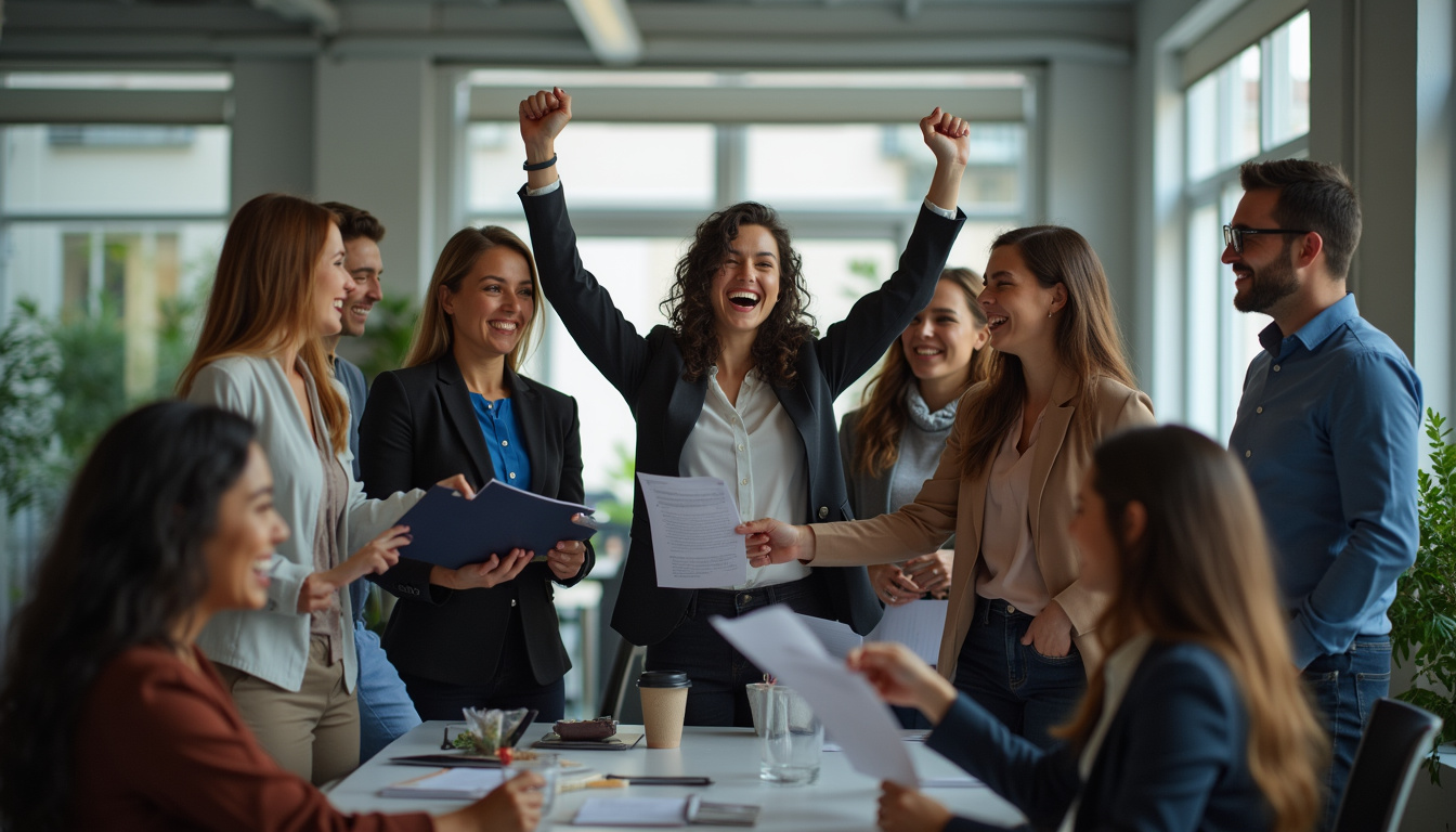  small business team celebrating contract win, diverse professionals, vibrant startup workspace, success concept