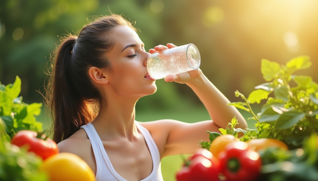 Energetic person drinking water outdoors, surrounded by fresh vegetables and fruits, natural sunlight