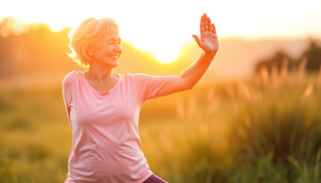 elderly woman doing gentle yoga stretches at sunrise, peaceful outdoor setting, natural pain relief theme