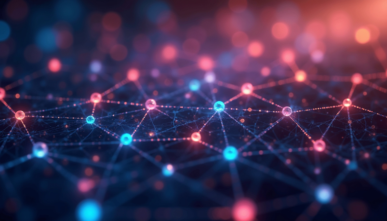  Abstract blockchain network visualized as glowing interconnected nodes, symbolizing authentic digital communities building