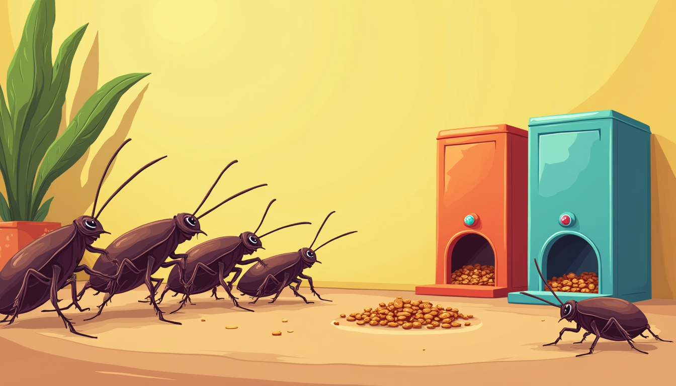  Illustration of cartoon roaches struggling near vibrant roach bait stations, pest control theme