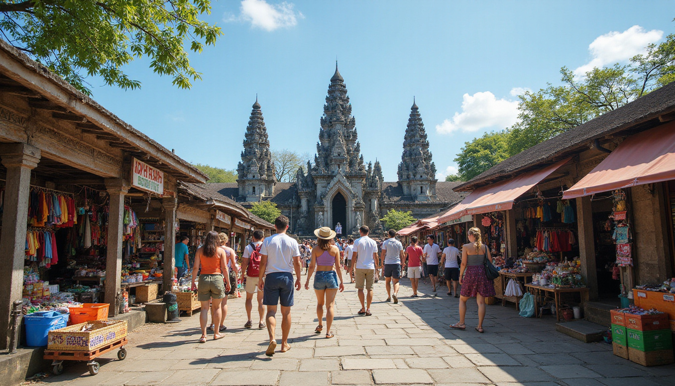  Excited tourists exploring colorful Bali markets and ancient temples under clear blue sky
