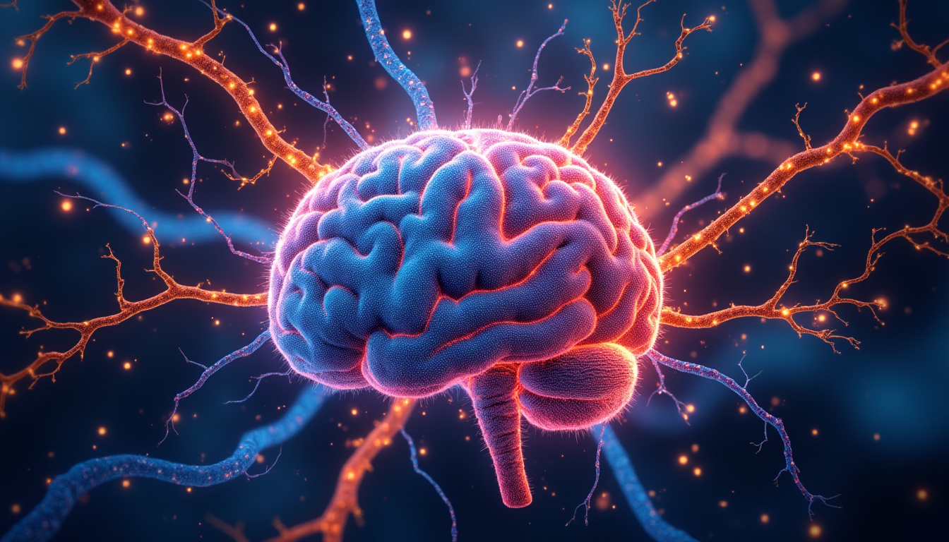Abstract visualization of gut-brain communication, vibrant neural and microbial networks intertwined, colorful wellness theme