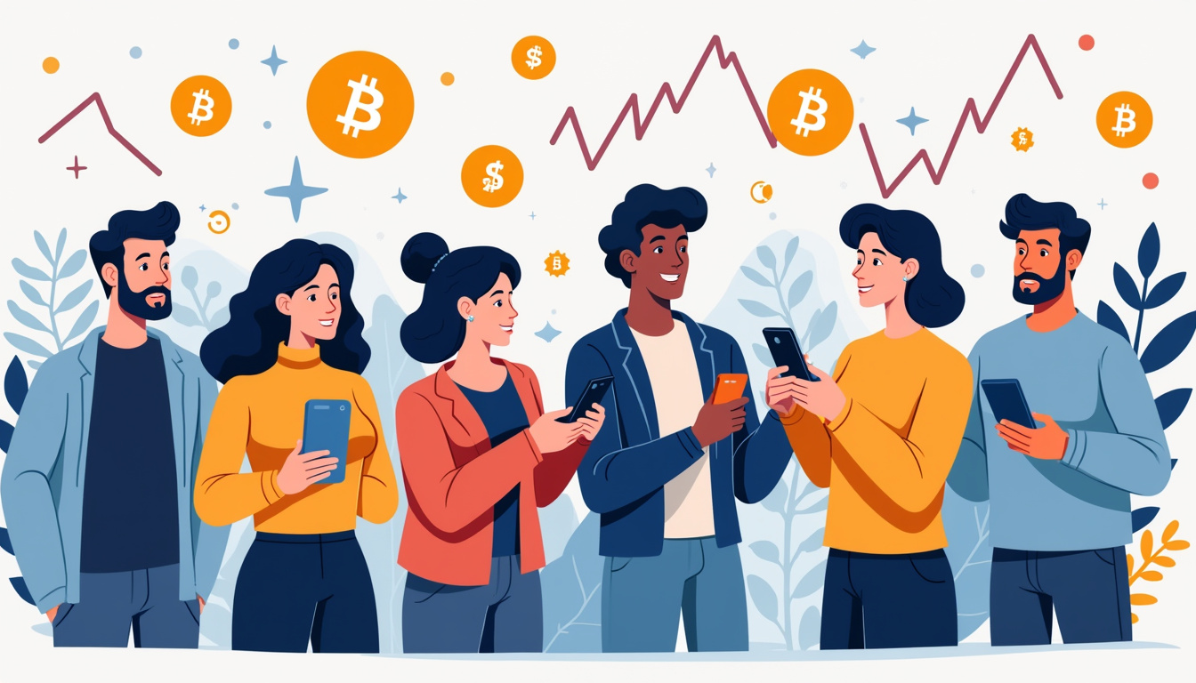  diverse people using smartphones surrounded by floating cryptocurrency icons and financial charts