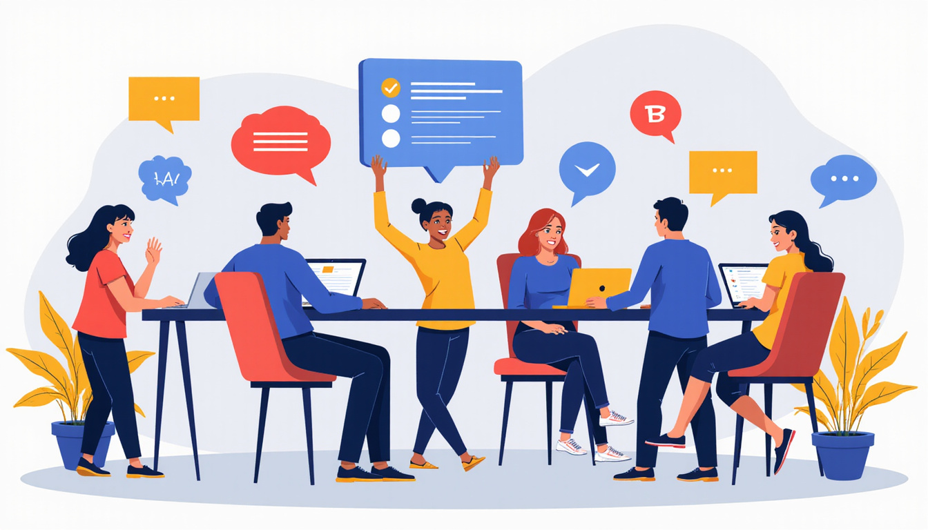  Diverse team using AI-driven answering service technology, efficient communication, upbeat atmosphere