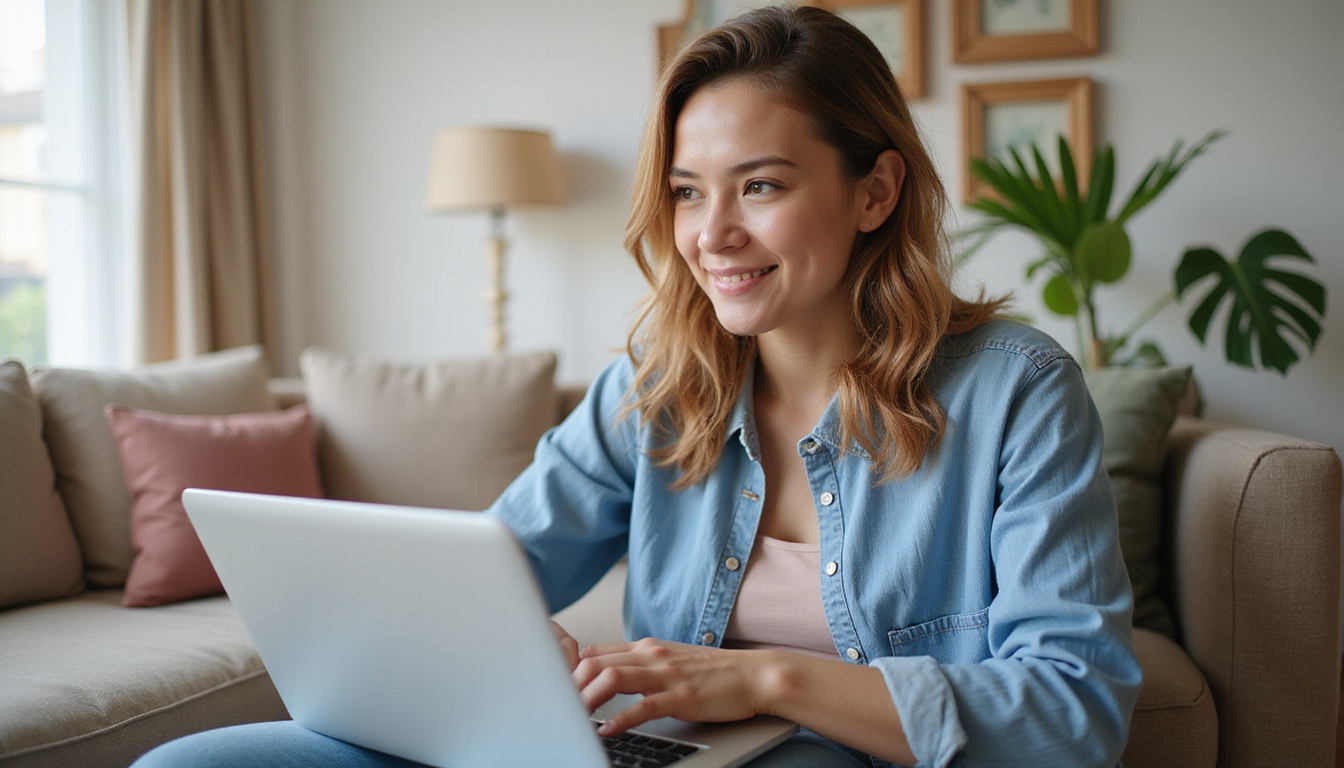 happy homeowner comparing affordable junk removal quotes on laptop in cozy living room
