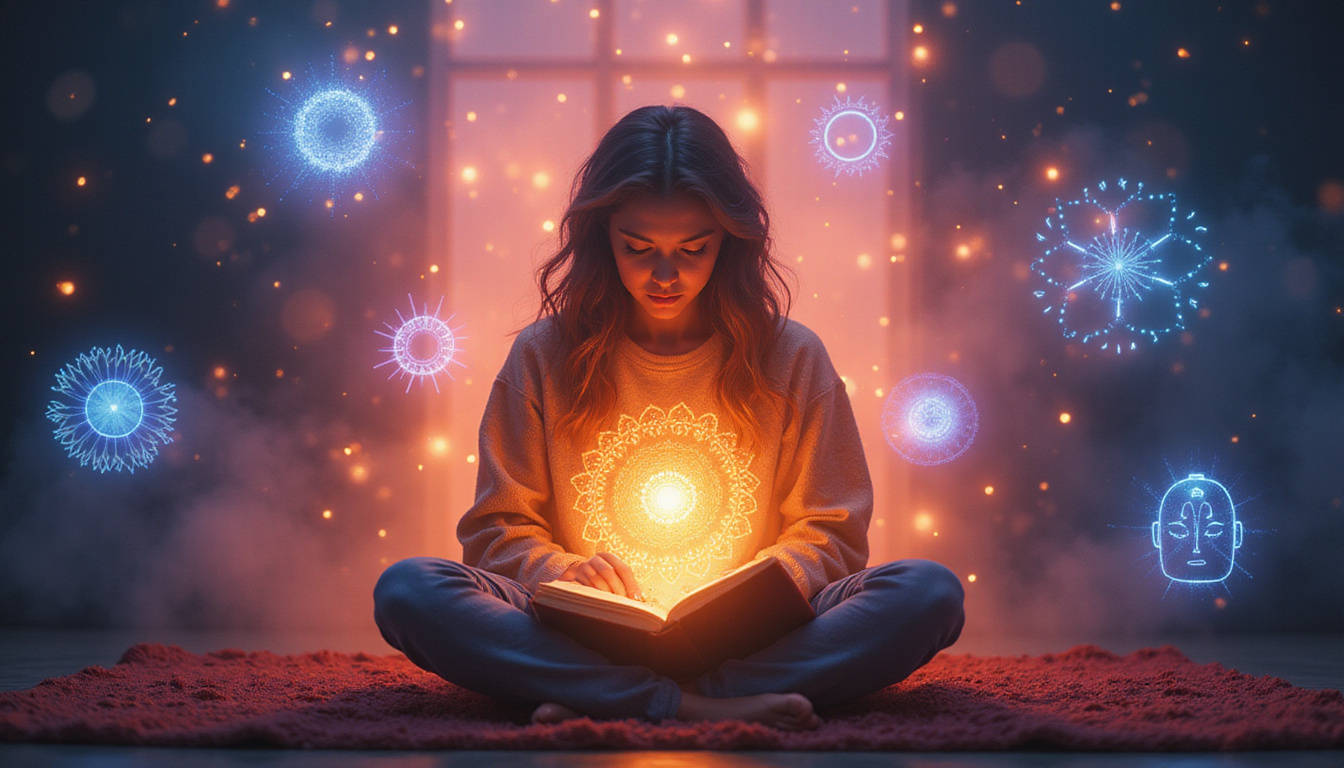  person journaling with glowing aura, surrounded by floating spiritual symbols, calm room