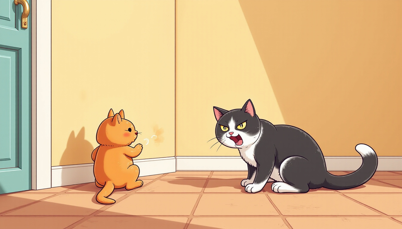 angry cat spraying urine on wall indoors, frustrated pet owner nearby 