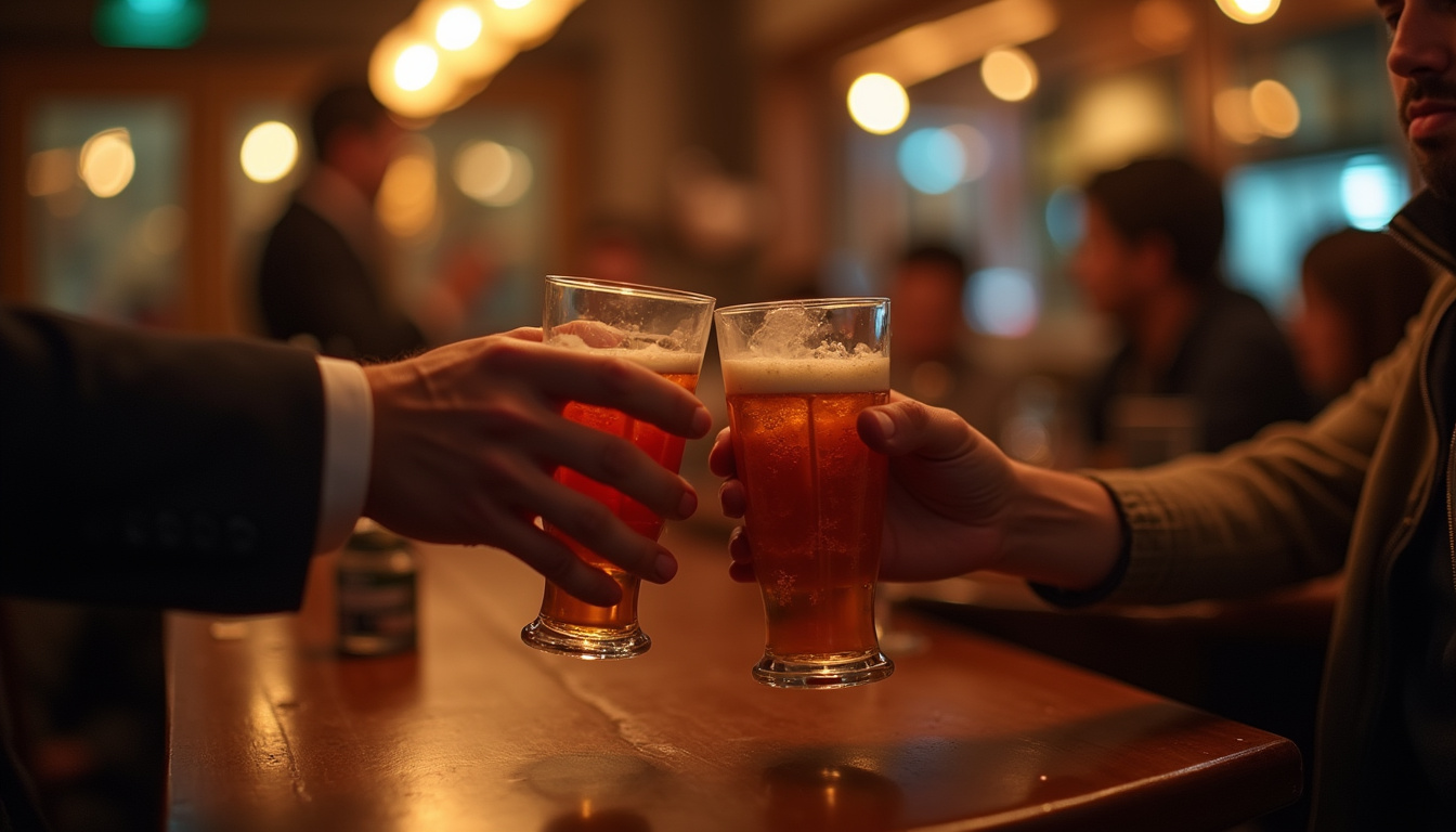  close-up of hands exchanging drinks with a stop gesture, dimly lit pub, serious mood, focus on prevention