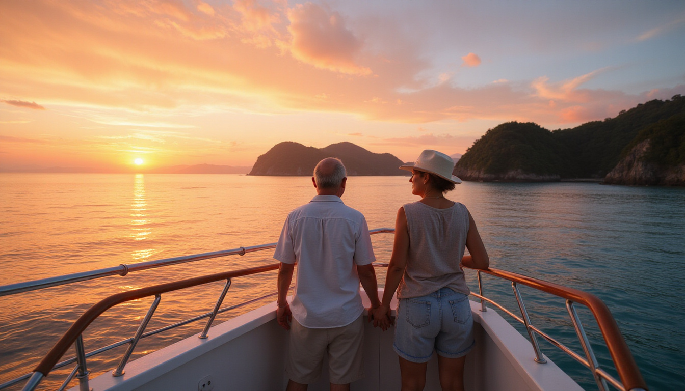  Happy retirees enjoying a cruise at sunset with tropical islands in background