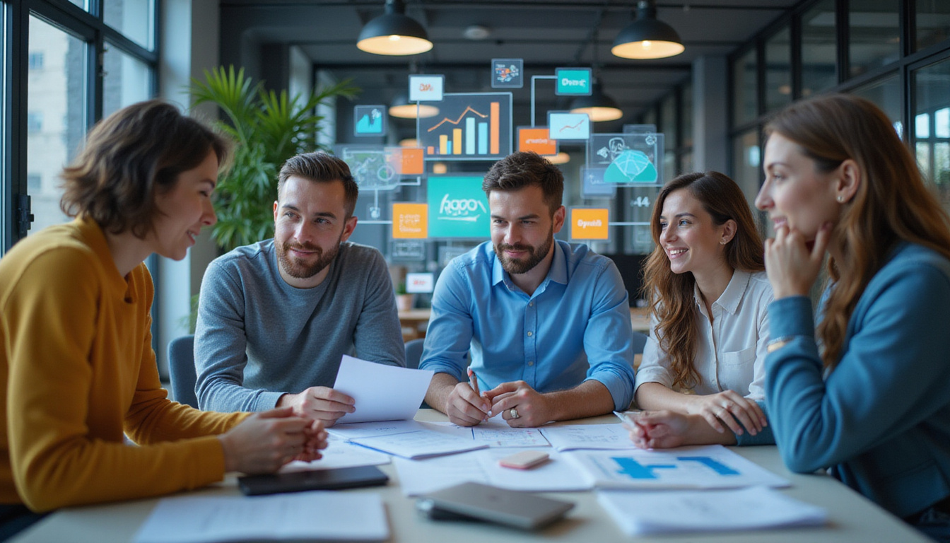  diverse team analyzing complex data with digital marketing icons, modern office setting