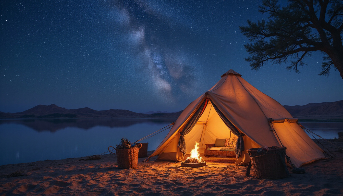 elegant camping setup on Nile’s shore, traditional Egyptian motifs, starry night sky