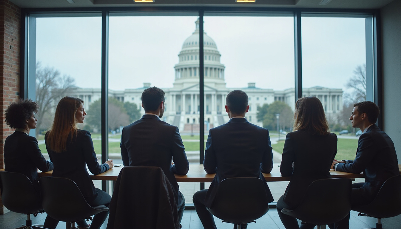  Diverse team brainstorming marketing ideas, government building backdrop, dynamic and professional vibes