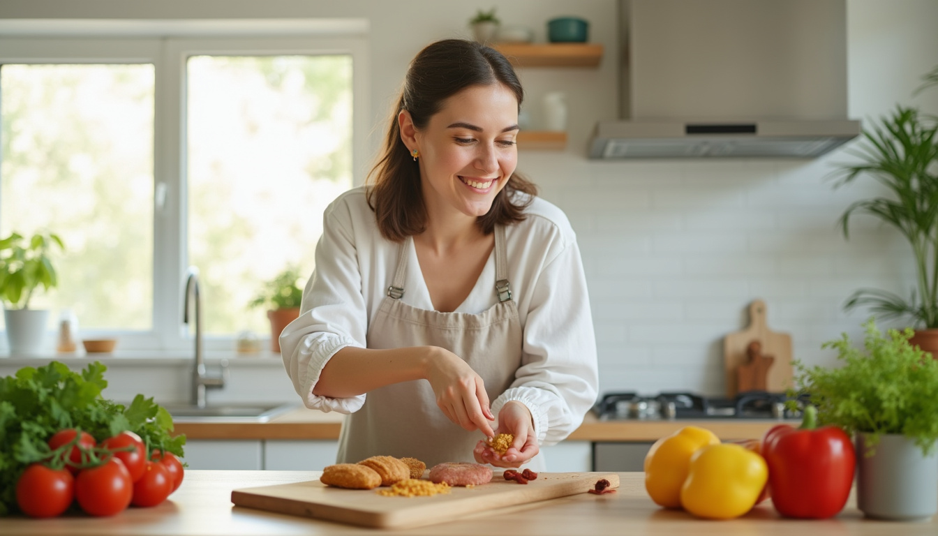  Woman happily preparing a low-carb snack in a bright kitchen, fresh ingredients around her