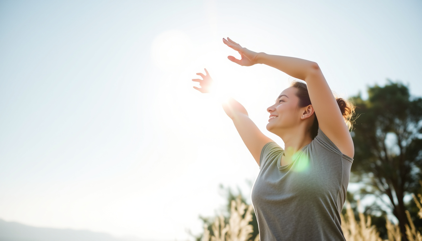  serene person stretching joyfully outdoors, sunlight, symbolizing reduced inflammation and joint comfort