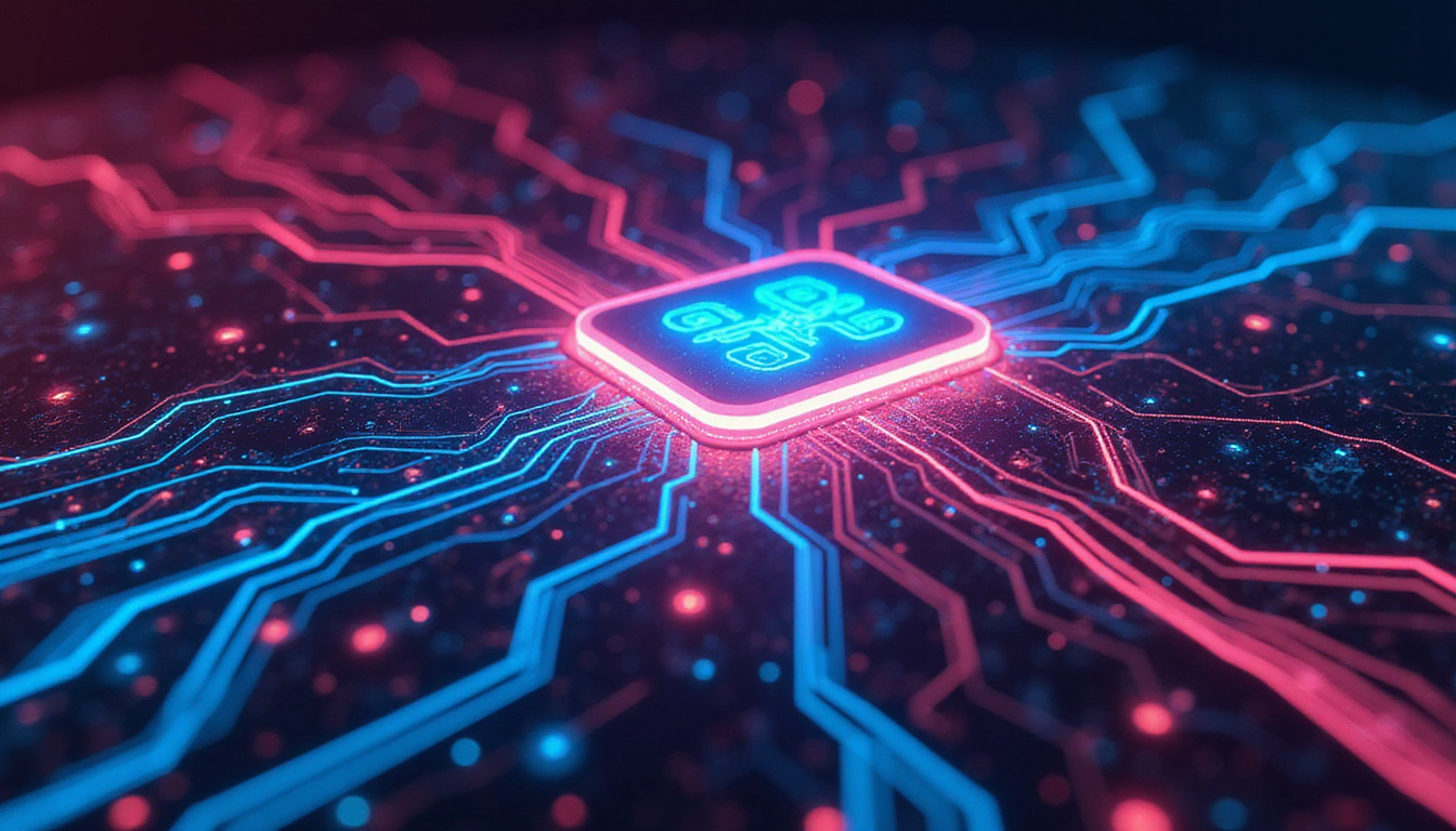  abstract representation of AI middleware bridging complex software, dynamic circuitry, neon colors, modern tech vibe