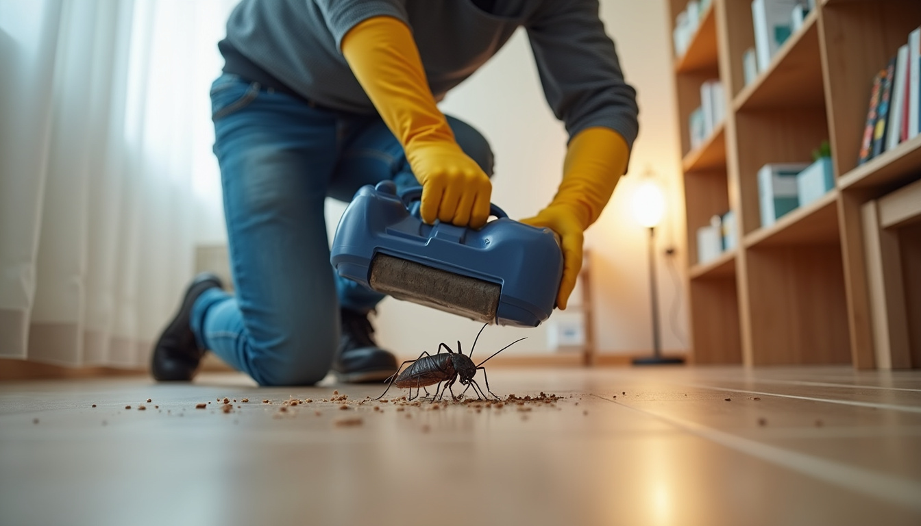  professional pest control technician using advanced roach traps in home environment