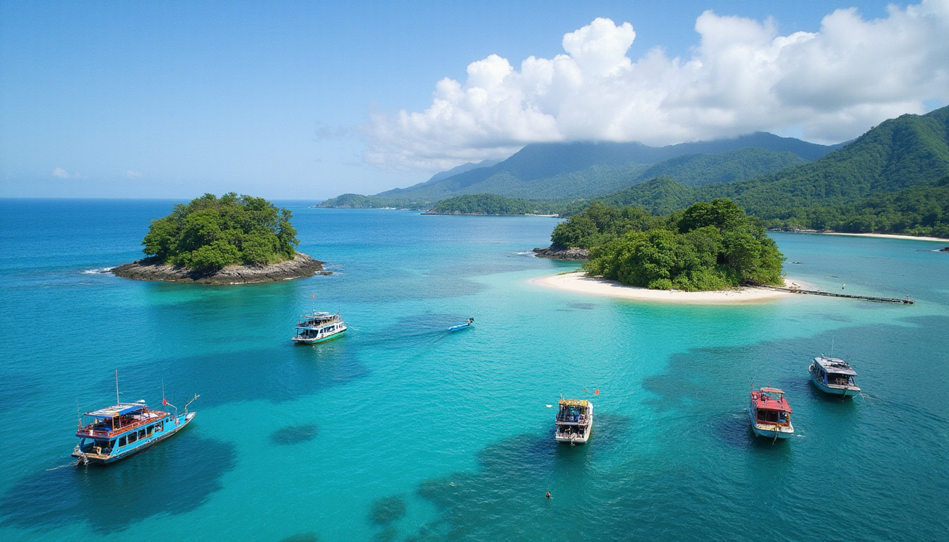  Tropical island vista with colorful boats cruising near Bali’s lush coastline