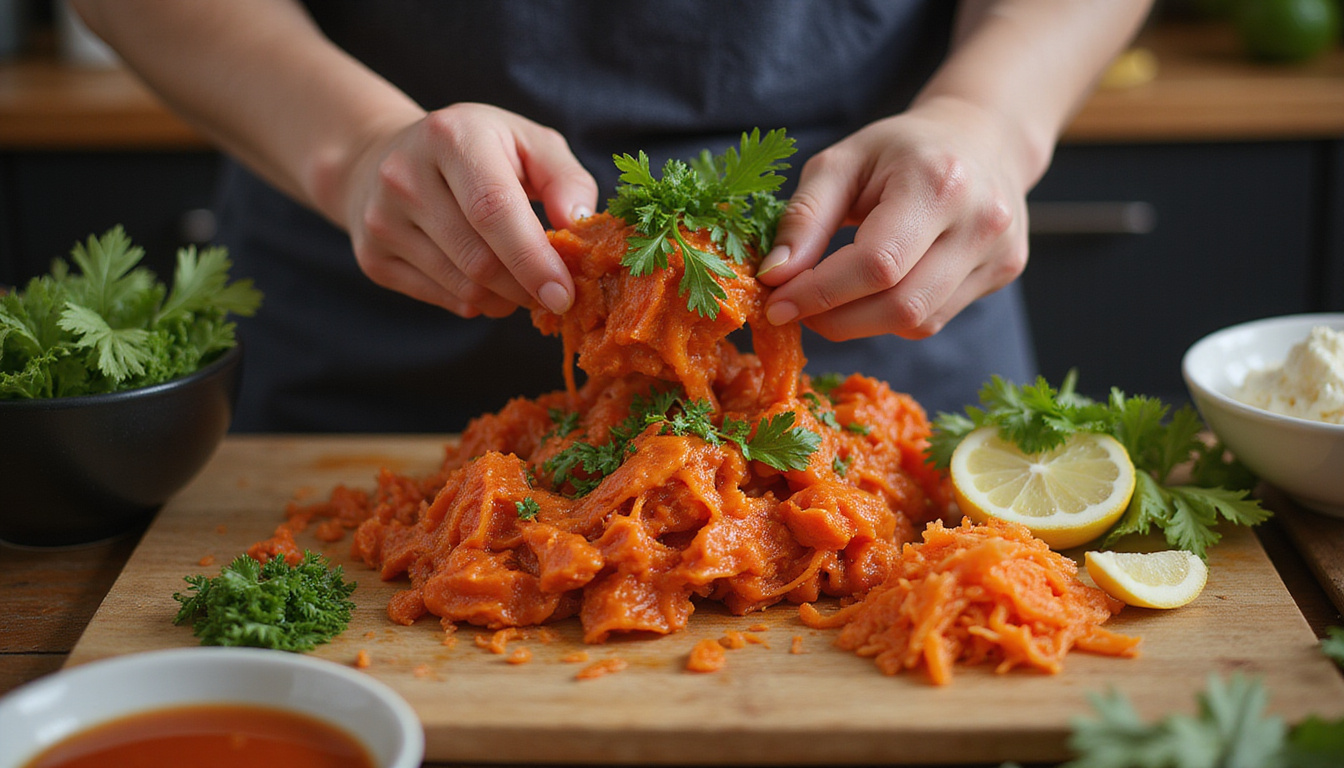 Hands preparing kimchi with vibrant ingredients in a cozy kitchen, close-up view