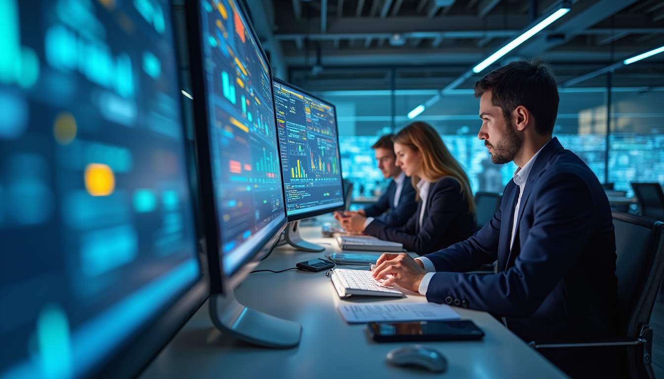  professional team analyzing blockchain data under regulatory frameworks in sleek modern environment