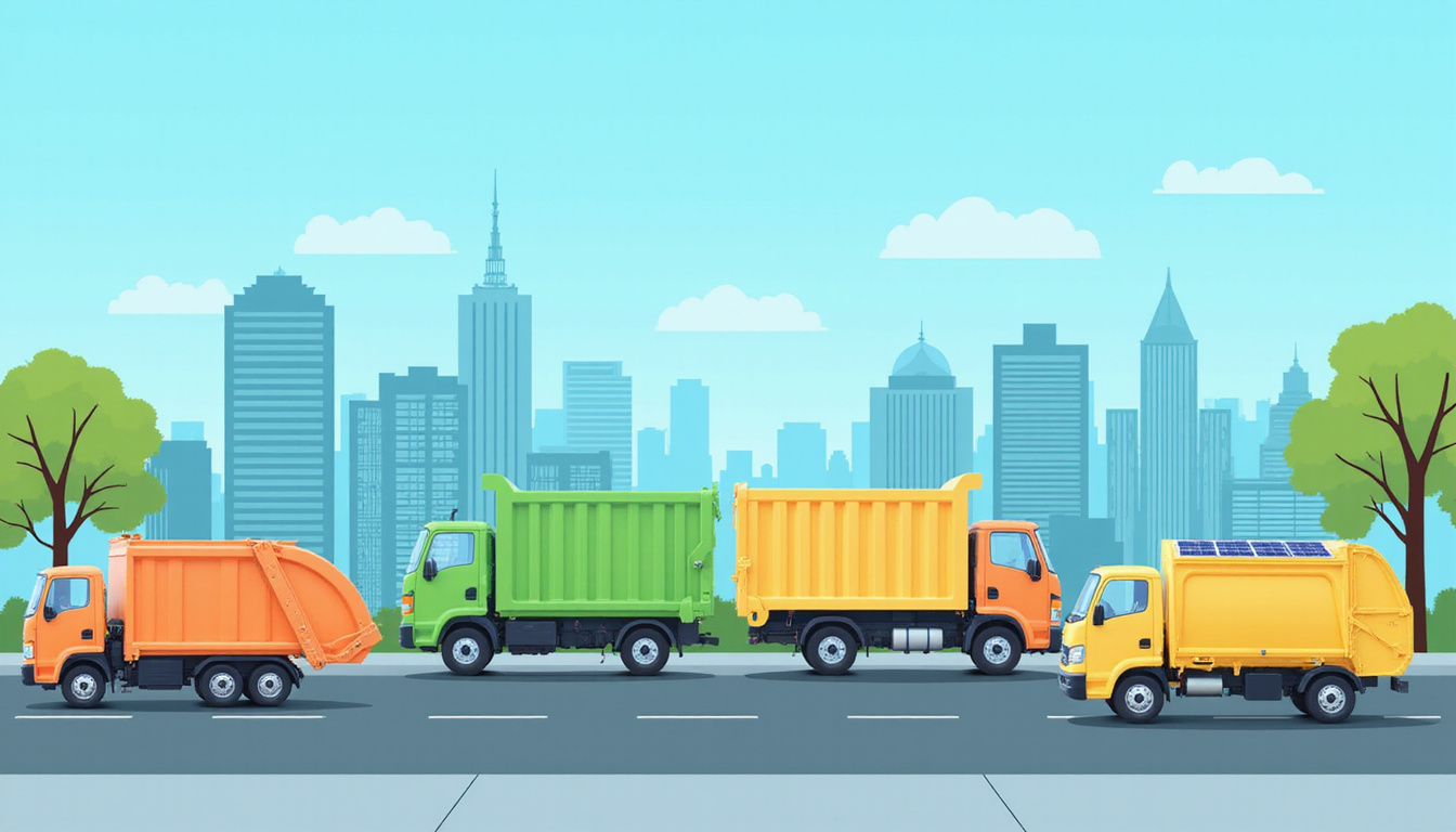 eco-friendly cityscape with zero waste bins and solar-powered garbage trucks under blue sky