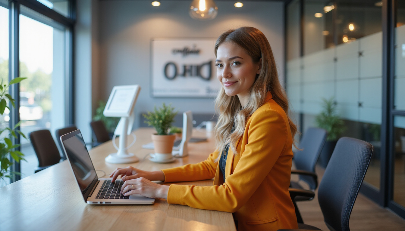  confident receptionist managing multiple calls, vibrant startup office, seamless customer service ambiance