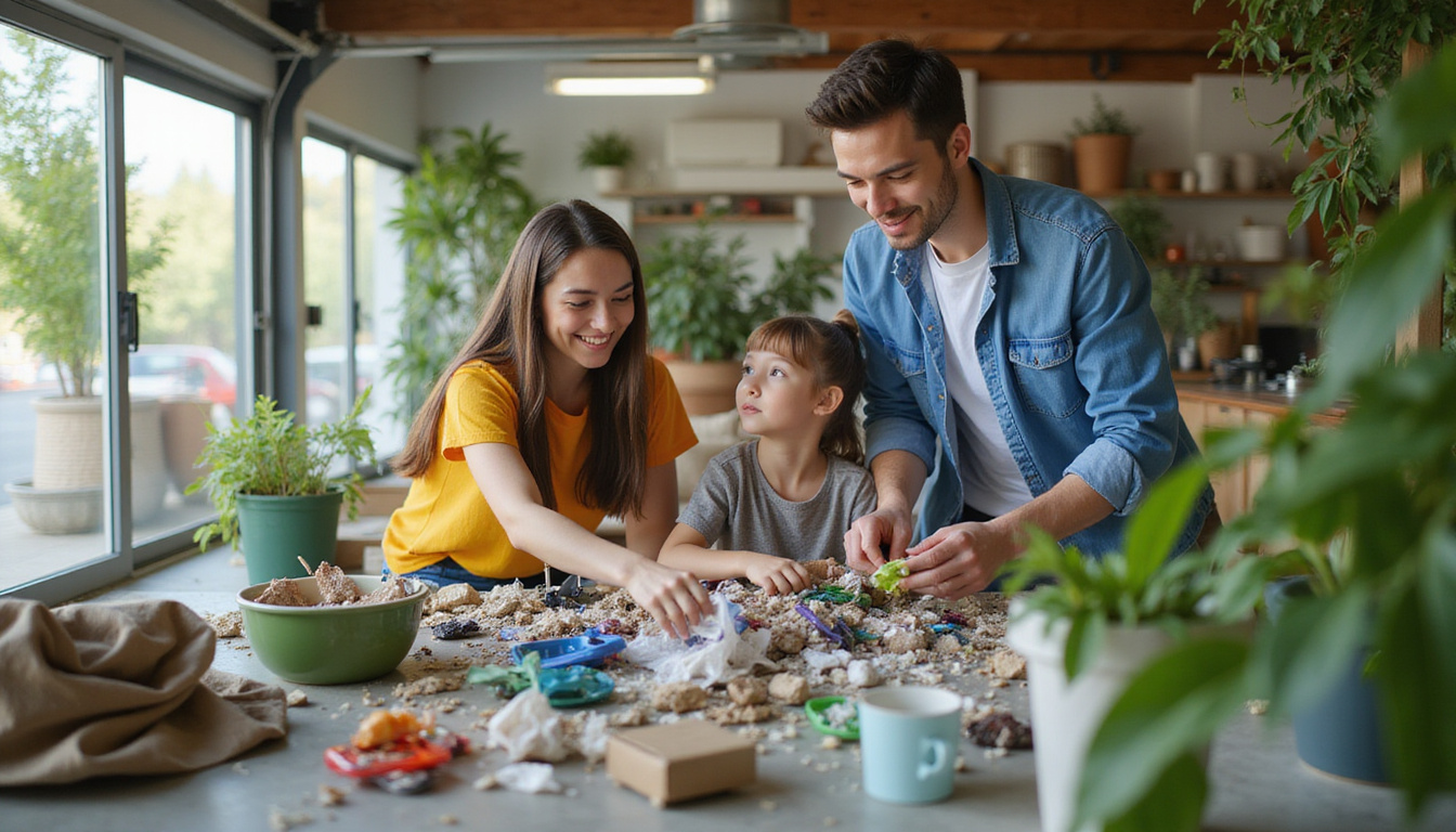  Happy family sorting recyclable junk in a bright, modern garage surrounded by plants