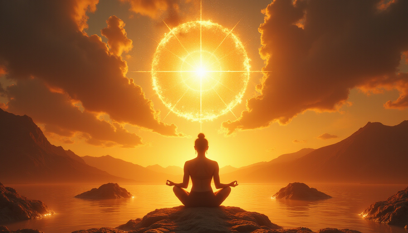  Wise spiritual coach guiding peaceful seeker, golden light, sacred geometry, sunrise ambiance