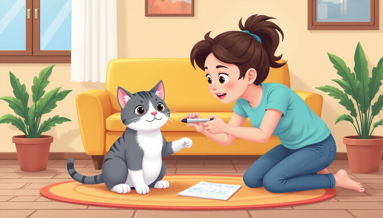 Concerned cat owner treating indoor marking, cozy home interior, calm cat behavior 