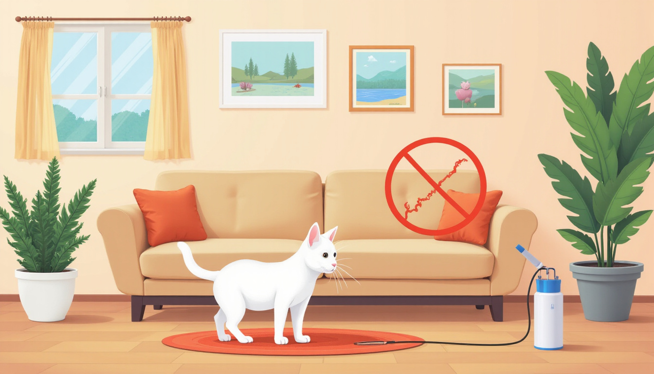  Cat avoiding spray marking, peaceful living room, high-tech deterrent device, relaxed pet atmosphere