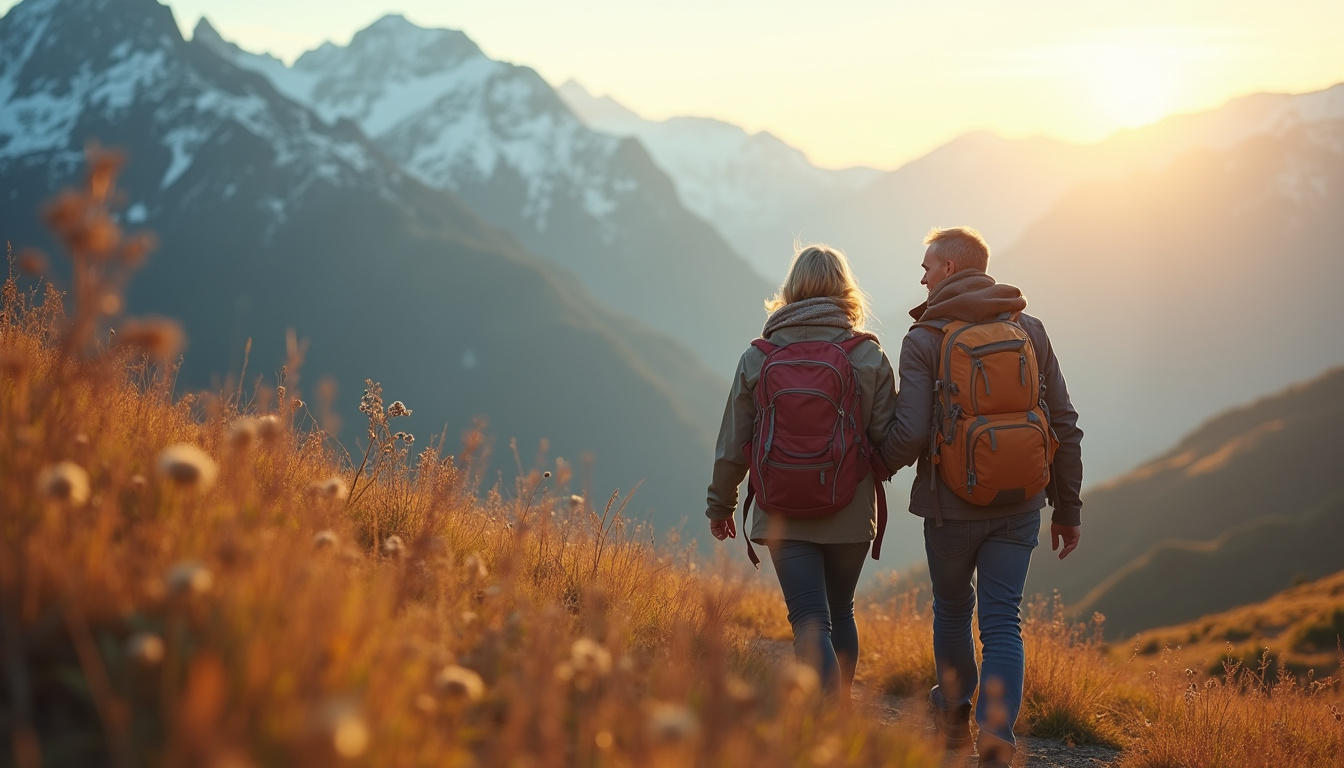  Mature couple happily hiking mountain trail, cozy scarves, scenic panoramic views, joyful adventure