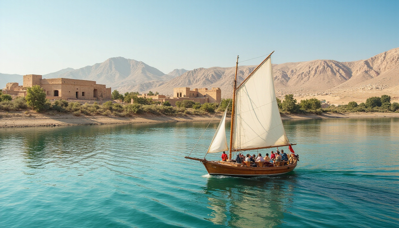  Traditional felucca sailing boat, vibrant Nile River, tourists exploring ancient ruins