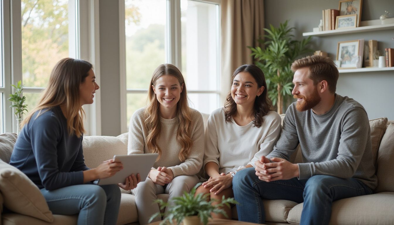  Happy family discussing home loan rates with a mortgage advisor in cozy living room