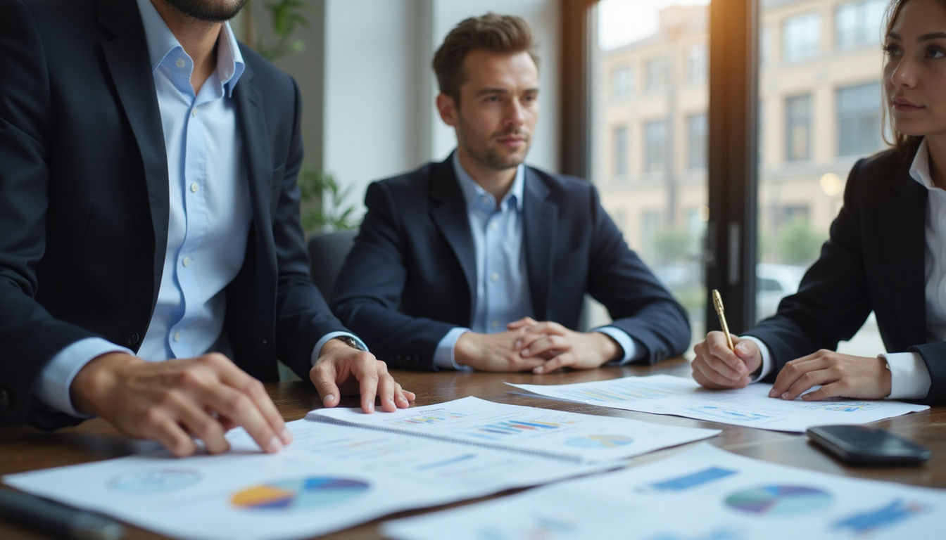  small business owner confidently presenting to government officials, documents and charts on table
