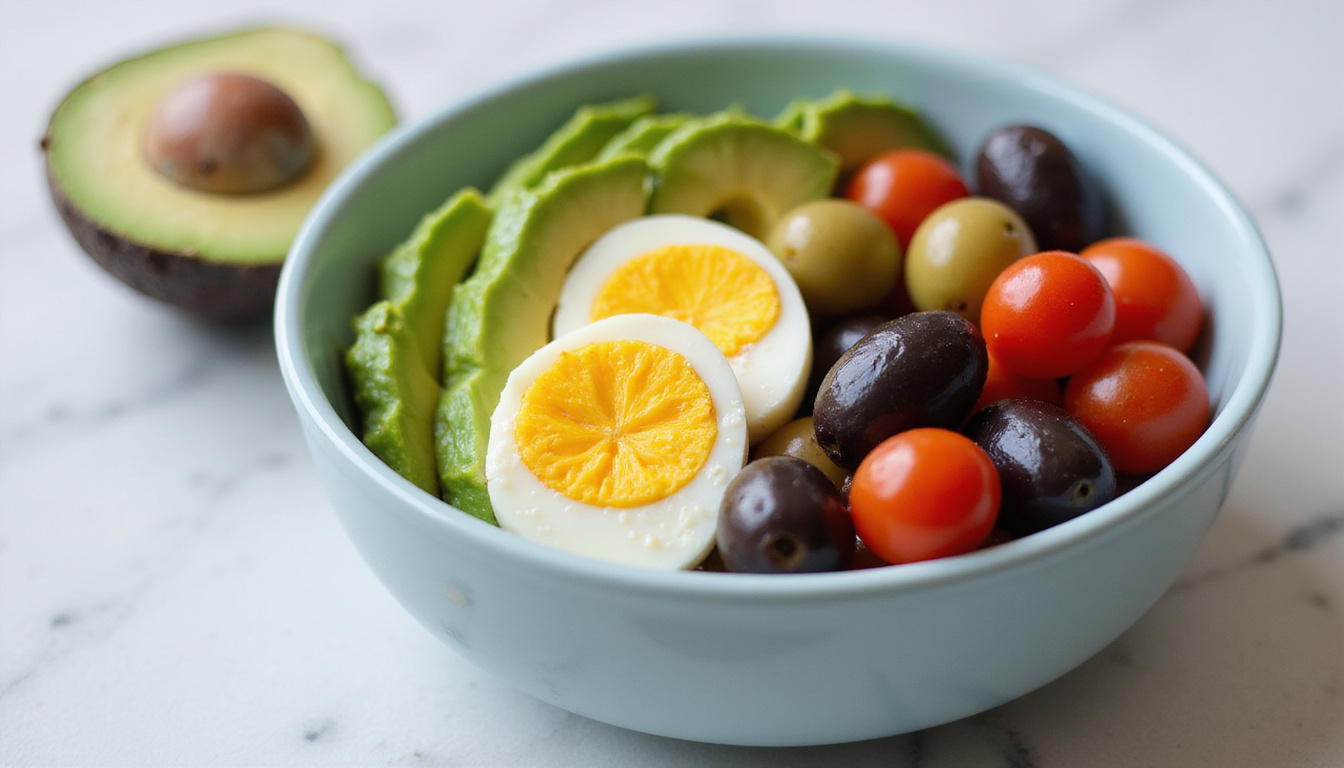 Delicious low carb snack bowl with avocado, boiled eggs, olives, and cherry tomatoes, vibrant colors