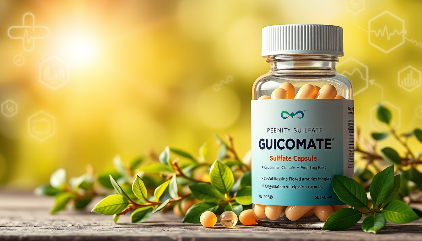 Bottle of sulfate glucosamine capsules with natural plants, soft sunlight and medical symbols background