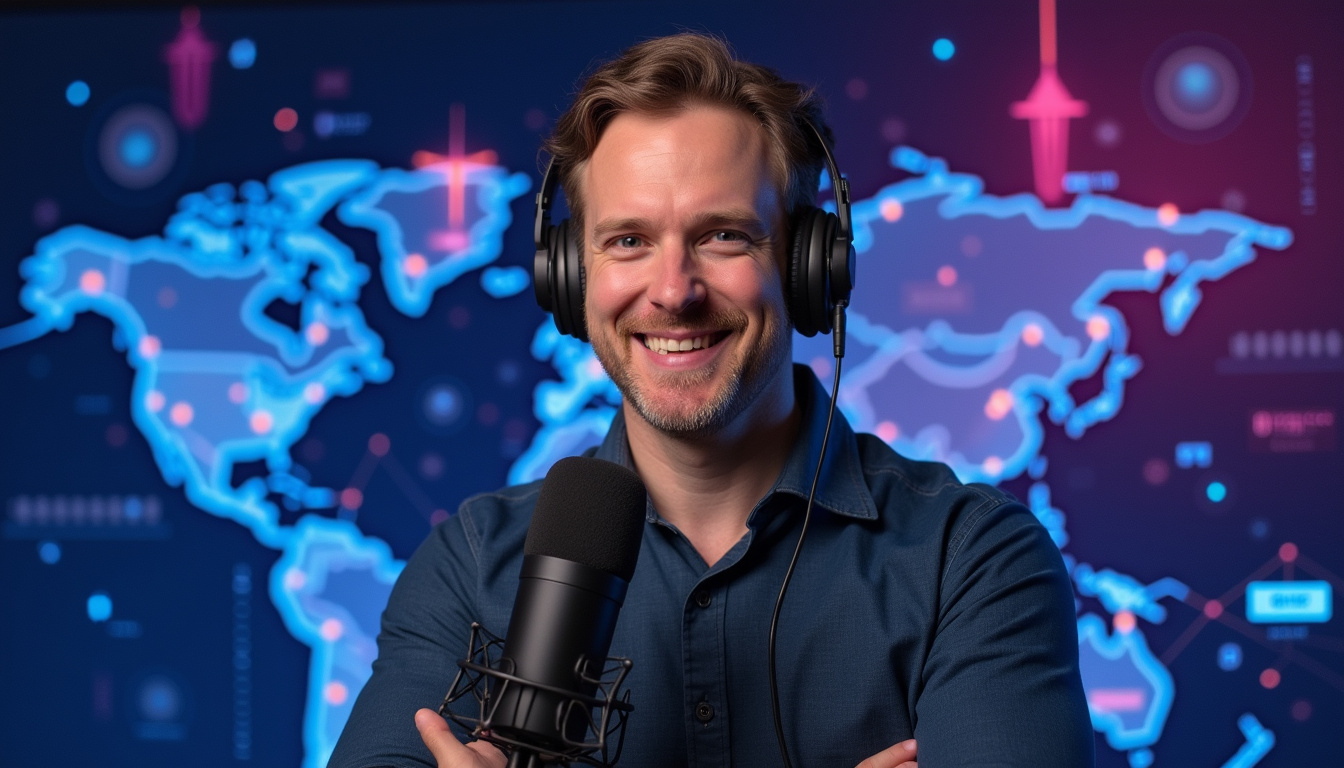  Confident host recording crypto podcast, surrounded by blockchain visuals and global network graphics