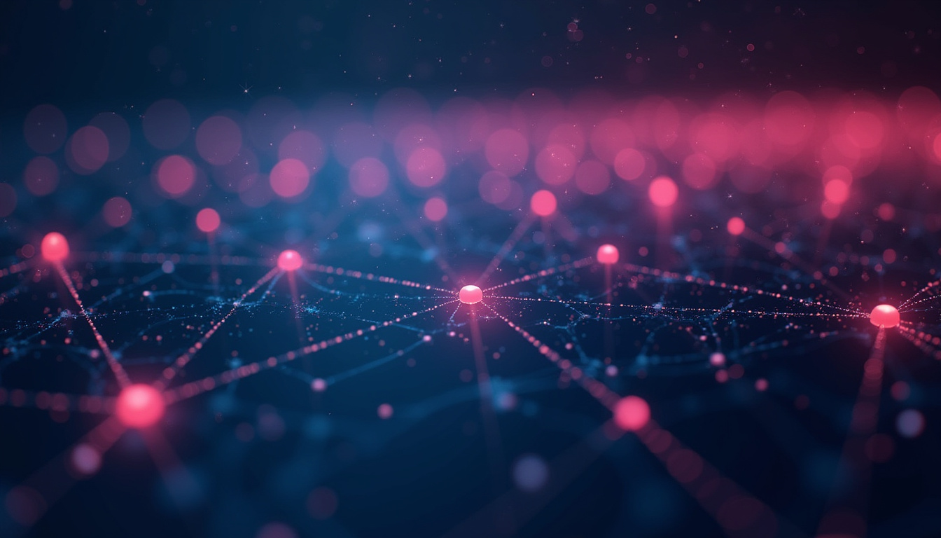  Sleek intelligent middleware software visualized as interconnected glowing nodes, modern system architecture background