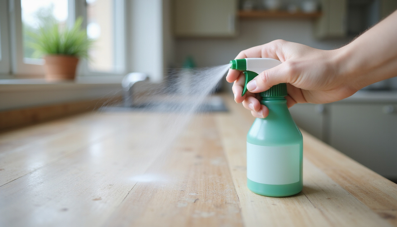 Close-up of a hand spraying eco-friendly roach repellent in a kitchen corner, detailed textures