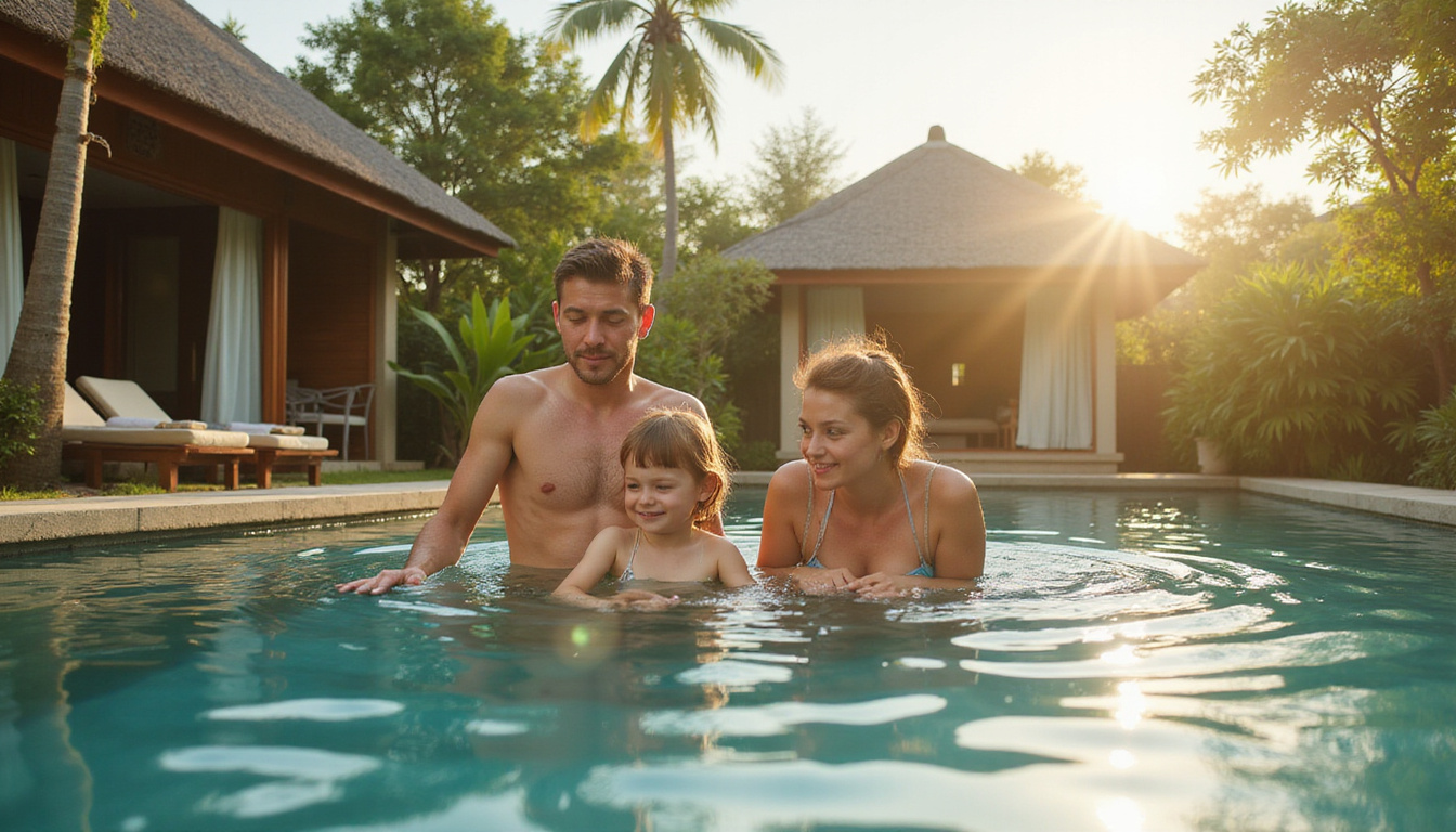 Relaxed family in Bali villa, secured by travel insurance, sunny paradise background