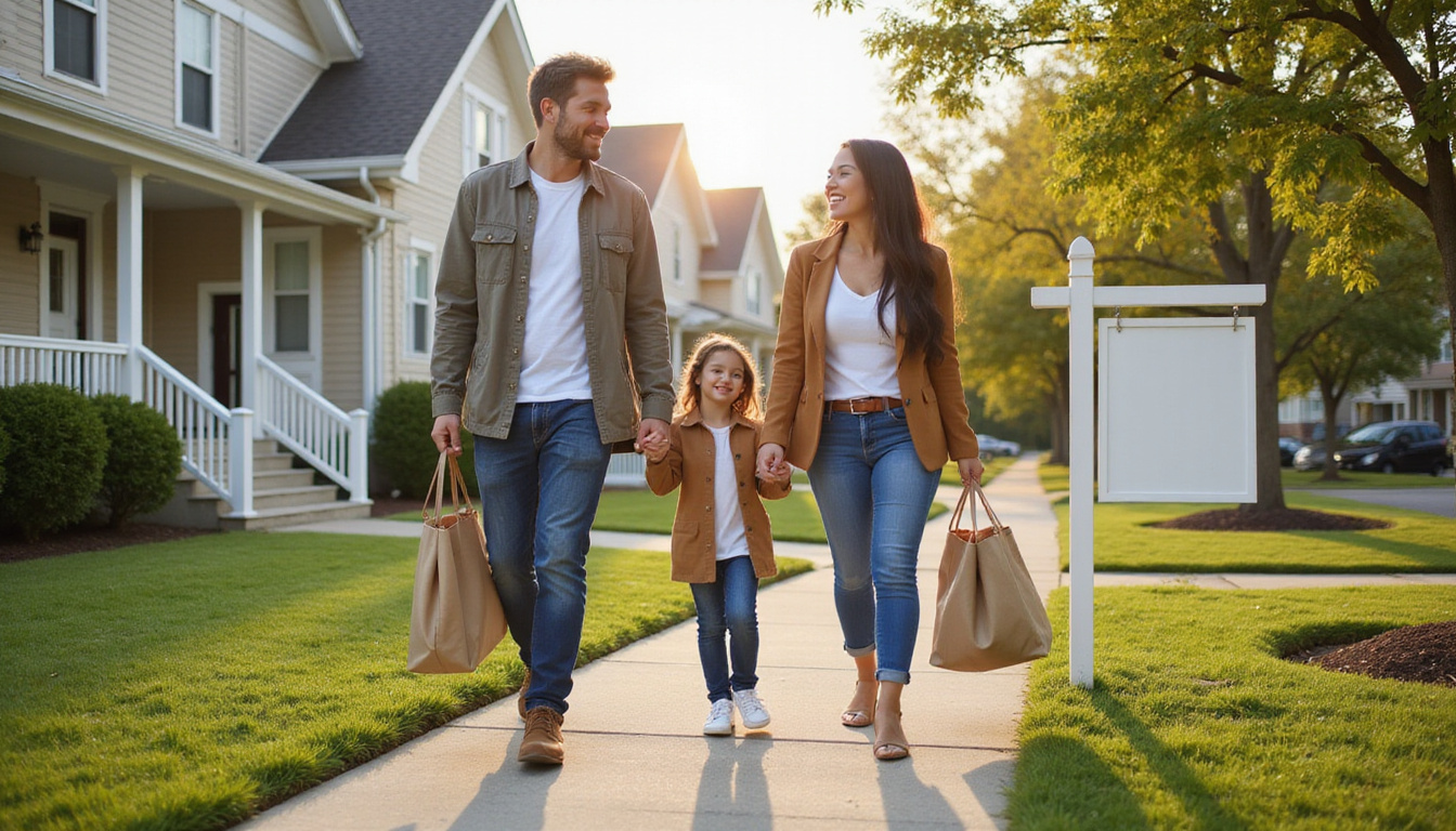  happy family exploring new neighborhood with real estate signs and greenery