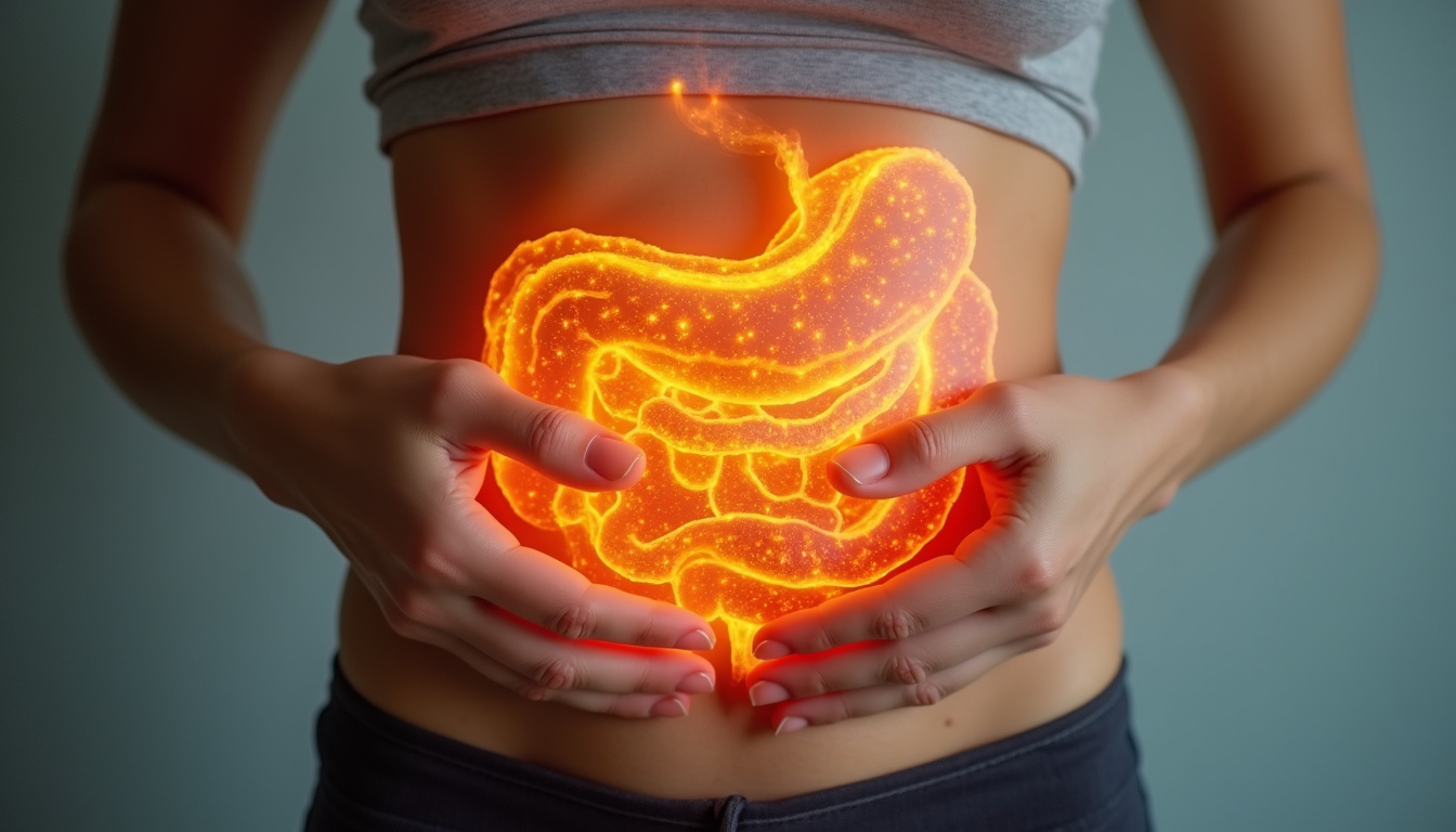 happy person eating fiber-rich foods, vibrant and healthy gut glowing inside abdomen, wellness concept