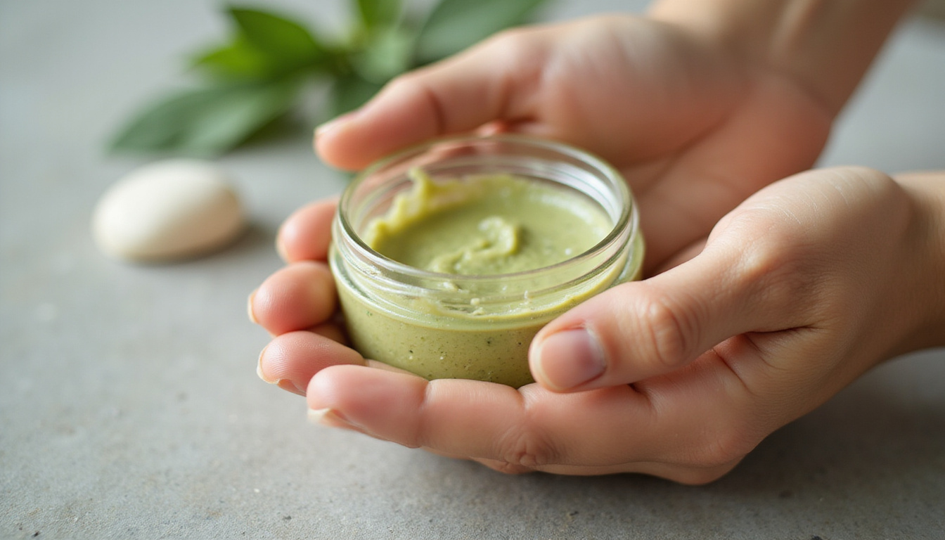  Close-up of hands applying soothing herbal balm, gentle texture, natural healing environment