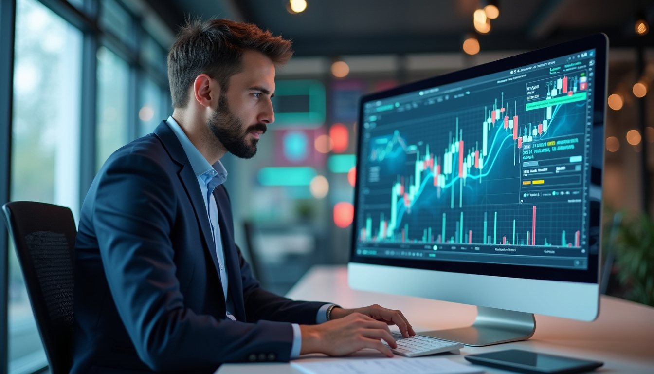  professional investor analyzing crypto charts with holographic regulations overlay in sleek modern office